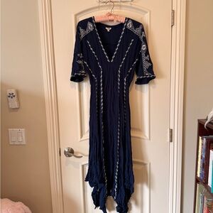 En Creme Navy Asymmetrical Dress with White Embroidery